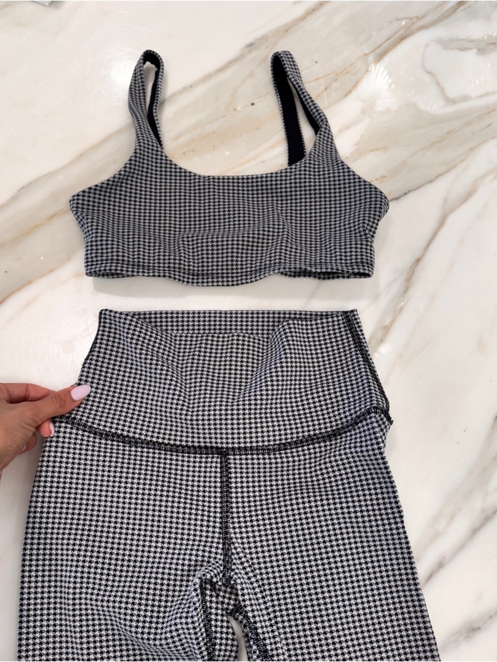 ALO Yoga Black & White Houndstooth Sports Bra and High-Waist Leggings